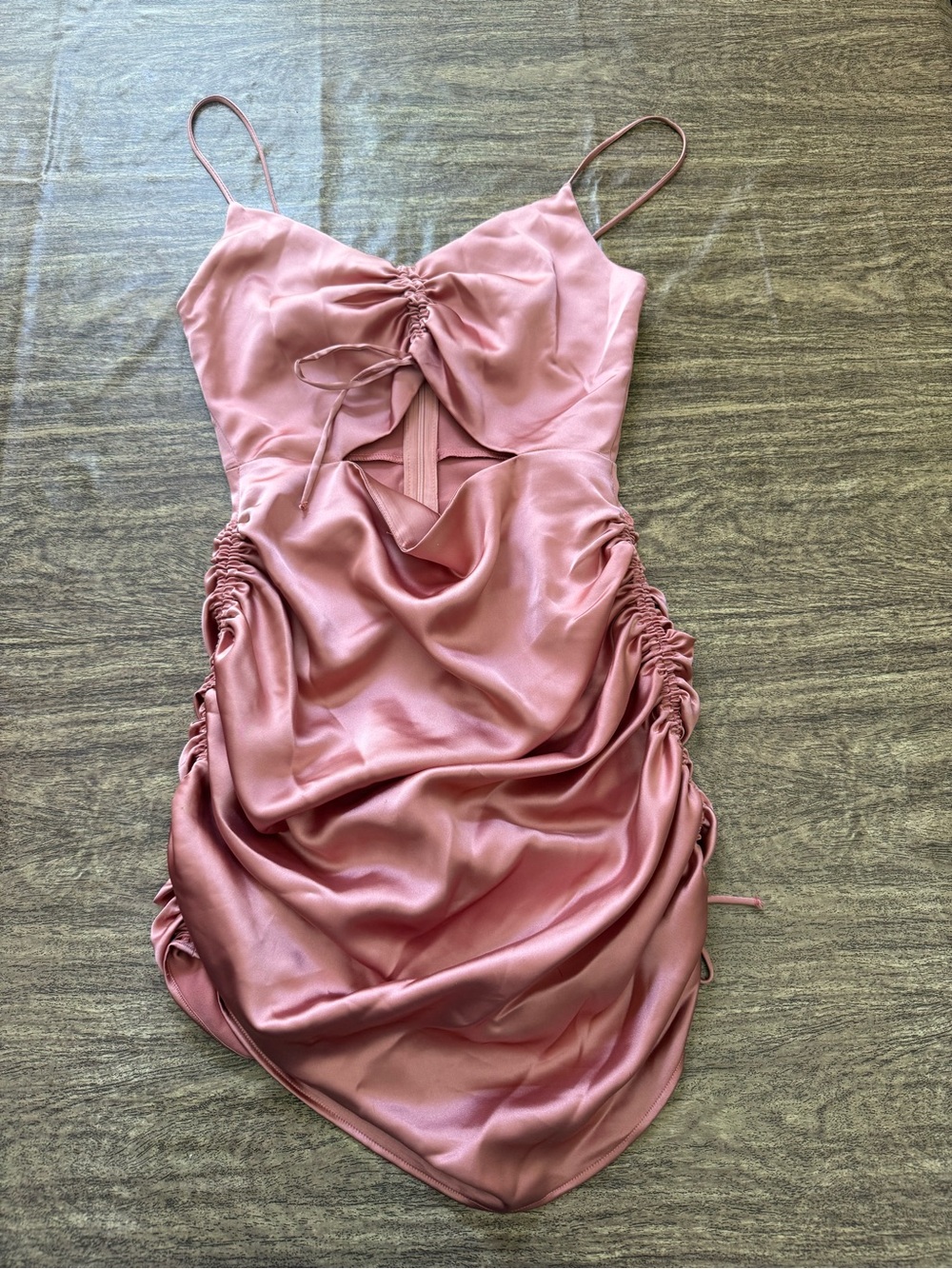 Zara Ruched Satin Mini Dress in Dusty Rose